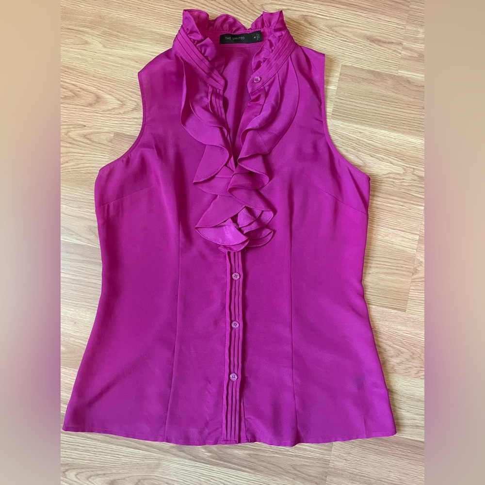 The Limited - Ruffle front button down sleeveless blouse, Fuschia, size Medium